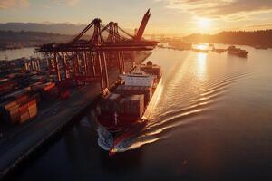 Cargo ship navigating a port at sunset. Container ship, cranes, and docks are visible in the port photo