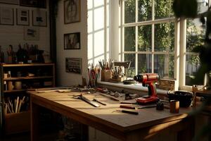 Artisan workshop, sunlight streams through large window. Tools, crafts, and work in progress photo