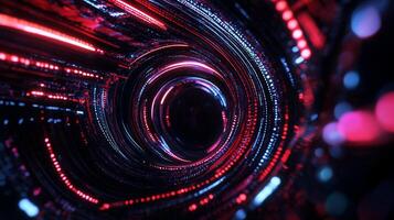 Abstract digital tunnel with vibrant glowing lines photo
