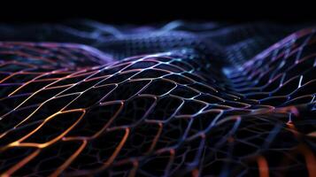 Abstract network structure with vibrant colors. Complex interconnected mesh forming dynamic patterns photo
