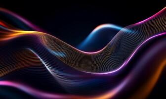 Abstract digital waves of vibrant colors. Dynamic lines and glowing particles create a sense of movement and energy. A visually striking, futuristic graphic photo