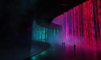 Neon-lit, futuristic tunnel, with figures walking in a fog photo
