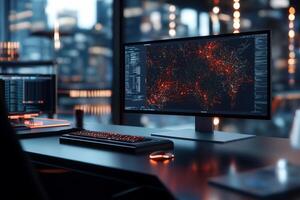 Modern workspace with complex data visualization on a monitor. Cityscape view photo