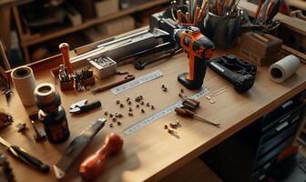 Woodworking workbench filled with tools and supplies photo