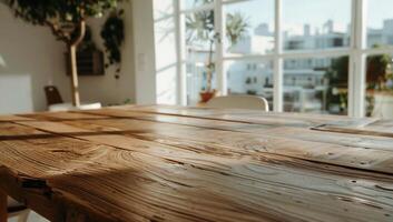 Rustic wooden table in a bright room with a view photo