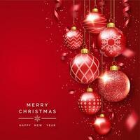 Christmas background with shining ribbons, confetti and colorful balls. New year and Christmas card illustration on red background vector