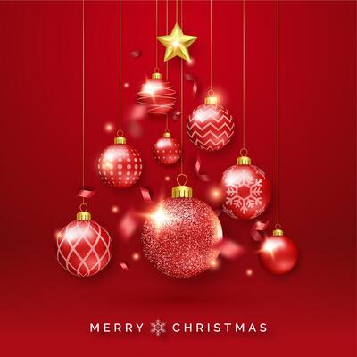 Christmas tree background with shining ribbons, star and colorful balls. New year and Christmas card illustration on red background