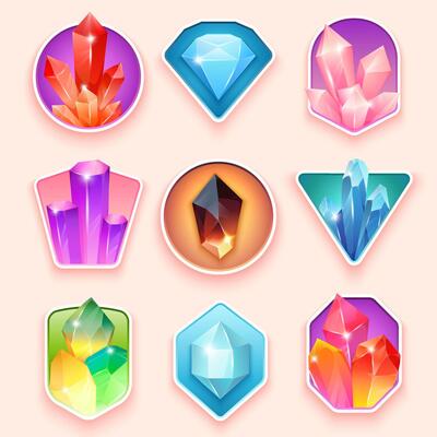 Colorful badges with crystals