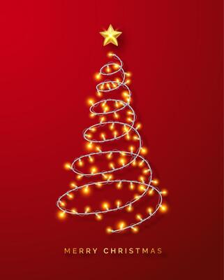 Glowing Christmas lights wreath on red background. New Year holiday greeting card. Christmas tree shaped garland