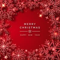 Christmas background with shining red snowflakes and snow. Merry Christmas card illustration on red background. Sparkling red snowflakes with glitter texture vector