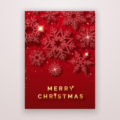 Christmas flyer. Background with shining snowflakes and confetti. New year and Christmas card illustration on red background