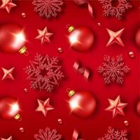 Christmas seamless pattern with shining snowflakes, balls, stars, ribbons and colorful confetti. New year card illustration on red background vector