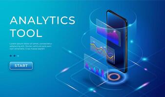 Infographic with isometric 3d phone. Marketing diagrams and charts on smartphone. Monitoring analysis, visualization data vector