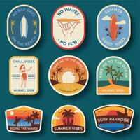 Set of nine beach badges. Hand drawn palm trees and beach elements in retro style. Summer labels, badges and icons vector