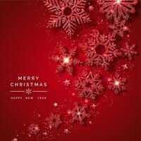 Christmas background with shining red snowflakes, balls, stars and confetti. Merry Christmas card illustration on red background. Sparkling red snowflakes with glitter texture vector