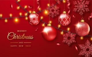 Christmas background with shining snowflakes, garland and colorful balls. New year and Christmas card illustration on red background vector