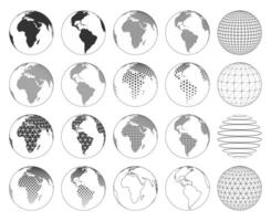 Set of various three-dimensional abstract earth models. Collection of globes with different patterns. Maps with dots, lines, hexagons, squares vector