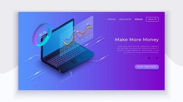Isometric notebook and diagrams. Digital business. Business app isometric concept. Laptop with statistics diagrams. Technology landing page vector