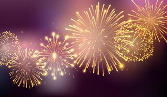 Firework explosion in night. Firecracker rockets bursting in big sparkling star balls vector