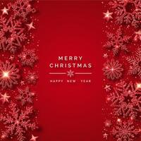 Christmas background with shining red snowflakes and snow. Merry Christmas card illustration on red background. Sparkling shiny snowflakes with glitter texture vector
