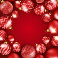 Christmas background with shining colorful balls. Round composition. New year and Christmas card illustration on red background vector
