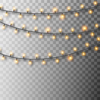 Set of glowing Christmas lights. Christmas garland lights. Decorative realistic bulbs. Holiday decor set of garlands with shadows