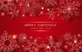 Christmas background with shining golden snowflakes and snow. Merry Christmas card illustration on red background. Sparkling shiny snowflakes with glitter texture vector