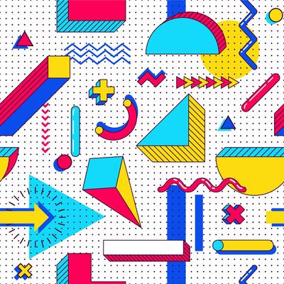 StocSeamless memphis pattern. Abstract 90s trends elements with multicolored simple geometric shapes. Shapes with triangles, circles, lines
