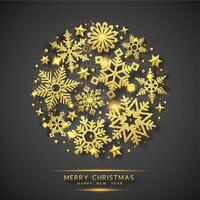 Christmas background with shining golden snowflakes and snow. Circle shape. Merry Christmas card illustration on black background. Sparkling golden snowflakes with glitter texture vector