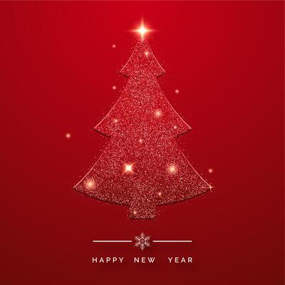 Holiday background with glittering christmas tree. New year and Christmas shining card illustration on red background
