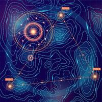 Topographic contour map with markers. Futuristic user interface. Search gadget in HUD style. Digital dashboard panel illustration. Topographic FUI concept vector