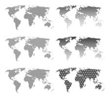 Set of six world maps with different patterns. Maps with dots, lines, hexagons, squares vector