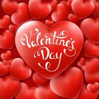Valentines Day background with red hearts and text. Holiday lettering greeting card illustration on red background vector