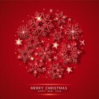 Christmas background with shining red snowflakes and snow. Circle shape. Merry Christmas card illustration on red background. Sparkling red snowflakes with glitter texture vector