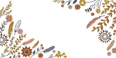 boho floral frame with hand-drawn flowers, feathers, and leaves in pastel colors, minimalist botanical border for invitations, posters, and creative design vector