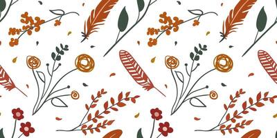 Elegant boho seamless pattern with hand-drawn flowers, feathers, and branches in soft earthy tones on a white background. Perfect for textiles, wallpapers, and decor vector