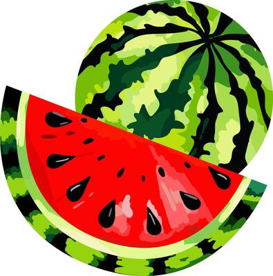 vibrant watermelon slice and whole fruit, modern design element, hand-drawn style, bright colors, isolated on white background, summer fruit icon