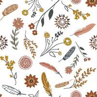 Elegant boho seamless pattern with pastel flowers, feathers, and branches on a white background. Minimalist spring design, perfect for fabrics, wallpapers, and decor vector