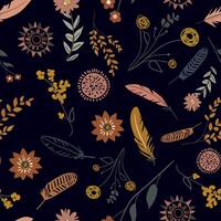 Trendy boho seamless pattern with hand-drawn flowers, feathers, and branches in earthy tones on a dark background. Perfect for textiles, wallpapers, decor design vector