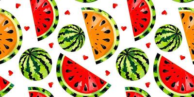 watermelon seamless pattern summer design with red and yellow fruit slices hearts seeds. bright white background. art for textile vector