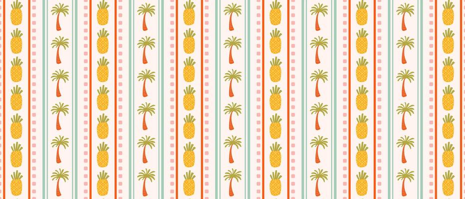 Colorful vintage tropical seamless pattern. Retro pattern with pineapple and palm tree.