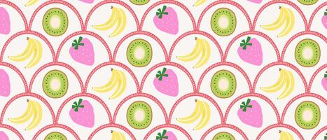 Tropical summer background with banana, kiwi and strawberry. Seamless summer bright print. vector