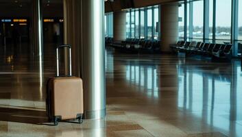 A suitcase sitting on the floor in an airport photo