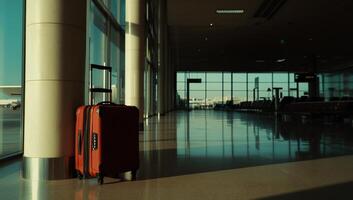 Empty airport terminal with red suitcase photo