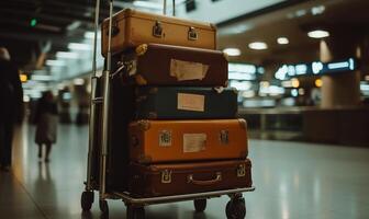 A stack of suitcases on a trolley in an airport photo