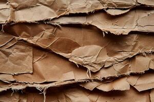 Crinkled brown paper layers. Close-up view of recycled cardboard photo