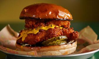 Crispy fried chicken sandwich on a toasted bun, topped with creamy sauce and pickles photo