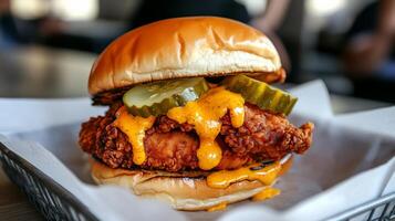 A fried chicken sandwich with pickles and cheese photo