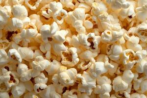 Close-up of popcorn kernels. A full view of many popped kernels photo
