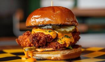 Crispy fried chicken sandwich overflowing with melted cheese and tangy pickles, served on a toasted bun photo